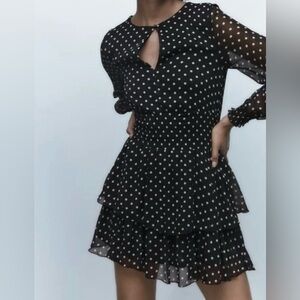 Zara Dress Womens L Black Polka Dot Chiffon Smocked Waist Ruffle Mini Tiered